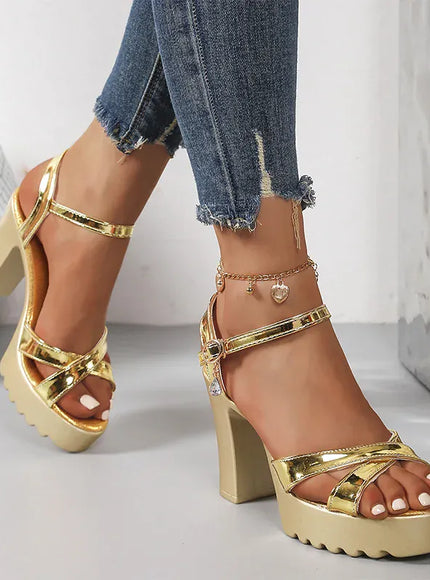 KissICON Gold Patent Leather Super High Heels Sandals Cross