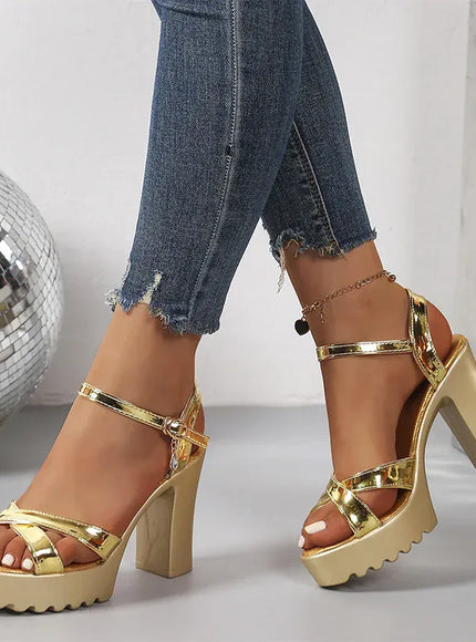 KissICON Gold Patent Leather Super High Heels Sandals Cross