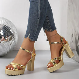KissICON Gold Patent Leather Super High Heels Sandals Cross