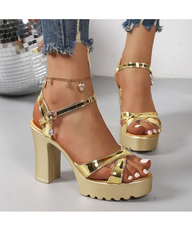 KissICON Gold Patent Leather Super High Heels Sandals Cross