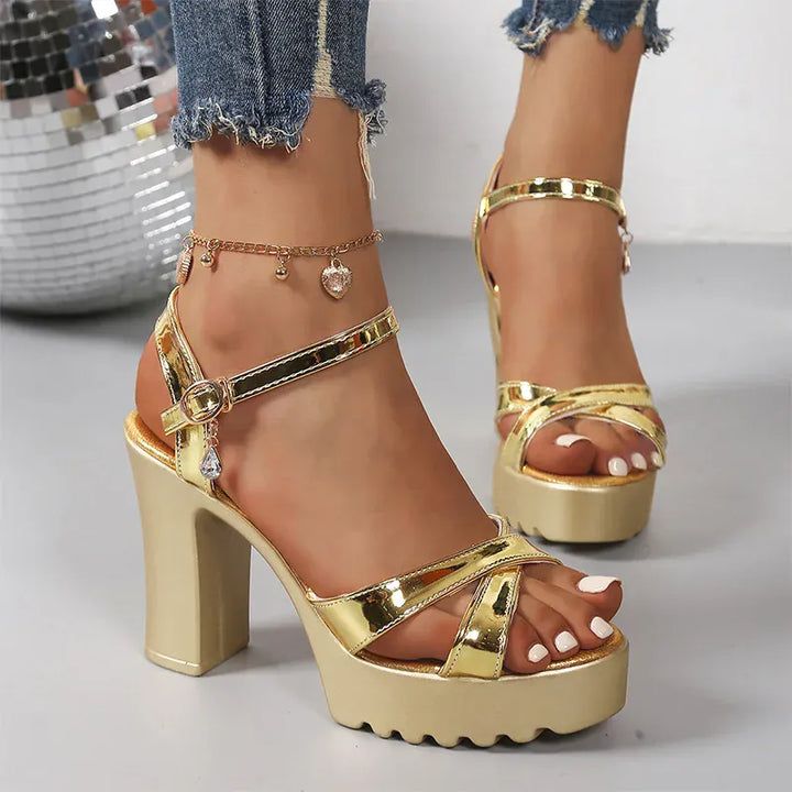 Gold Patent Leather Super High Heels Sandals Cross