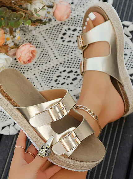 KissICON Gold Patent Leather Thick Heels Sandals for Women