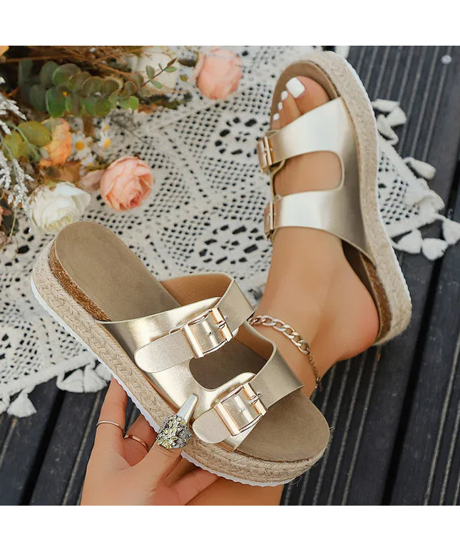 KissICON Gold Patent Leather Thick Heels Sandals for Women
