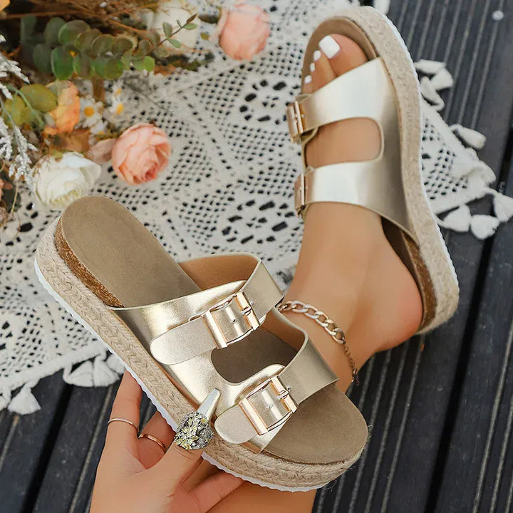 Gold Patent Leather Thick Heels Sandals for Women