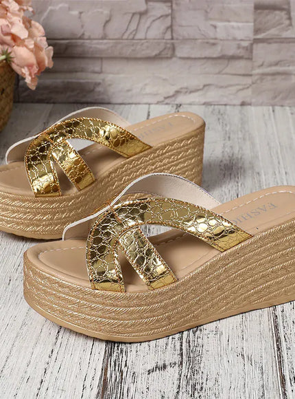 KissICON Gold Patent Leather Wedges Sandals for Women Plus