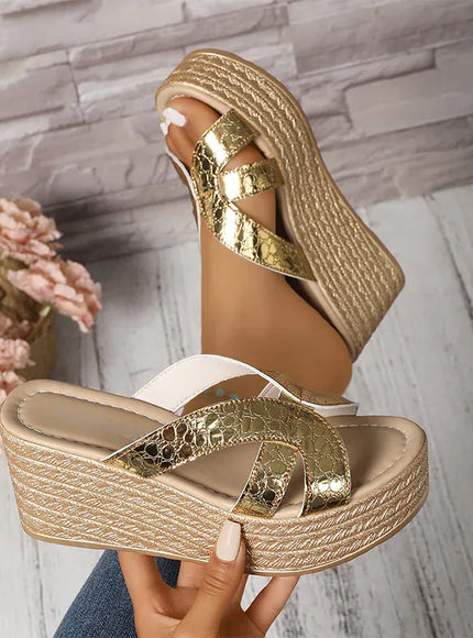 KissICON Gold Patent Leather Wedges Sandals for Women Plus