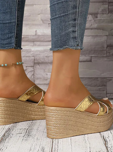 KissICON Gold Patent Leather Wedges Sandals for Women Plus