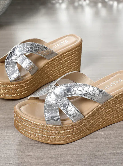 KissICON Gold Patent Leather Wedges Sandals for Women Plus