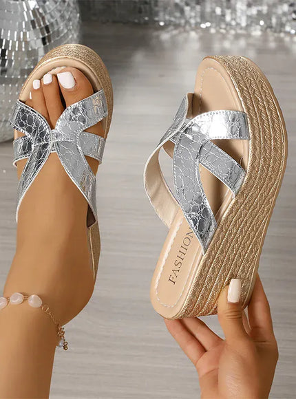 KissICON Gold Patent Leather Wedges Sandals for Women Plus