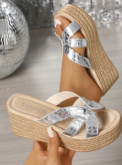 KissICON Gold Patent Leather Wedges Sandals for Women Plus