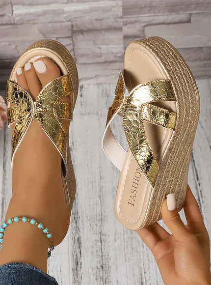 KissICON Gold Patent Leather Wedges Sandals for Women Plus