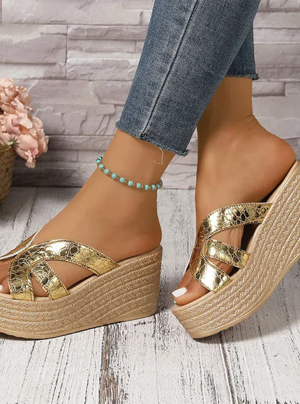 KissICON Gold Patent Leather Wedges Sandals for Women Plus