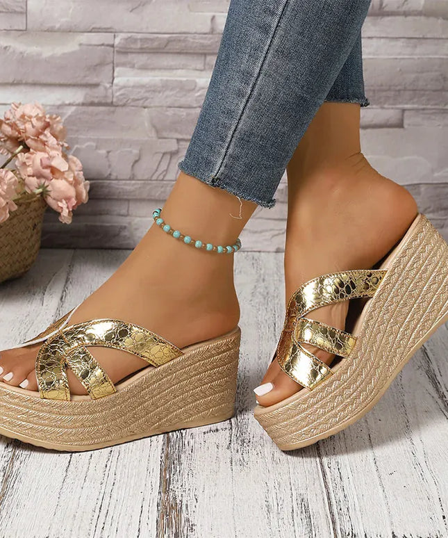 KissICON Gold Patent Leather Wedges Sandals for Women Plus