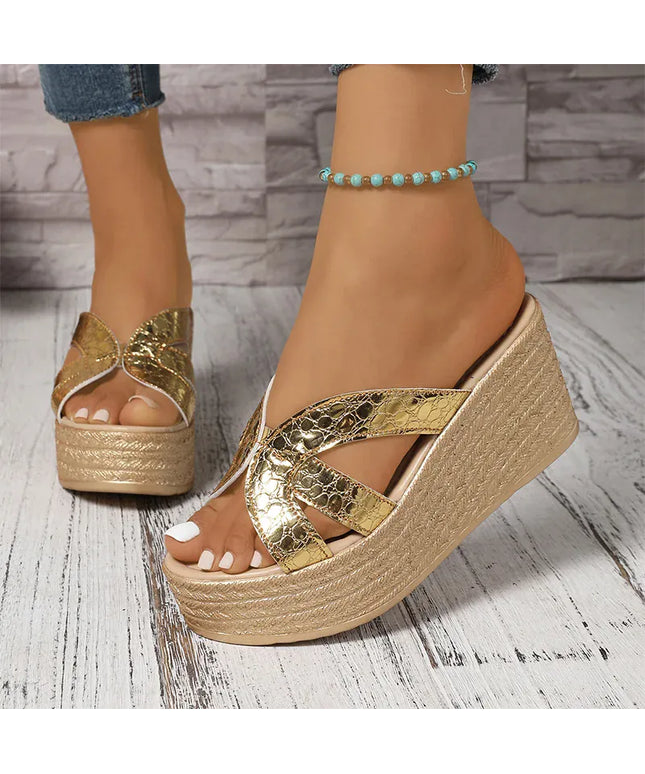 KissICON Gold Patent Leather Wedges Sandals for Women Plus