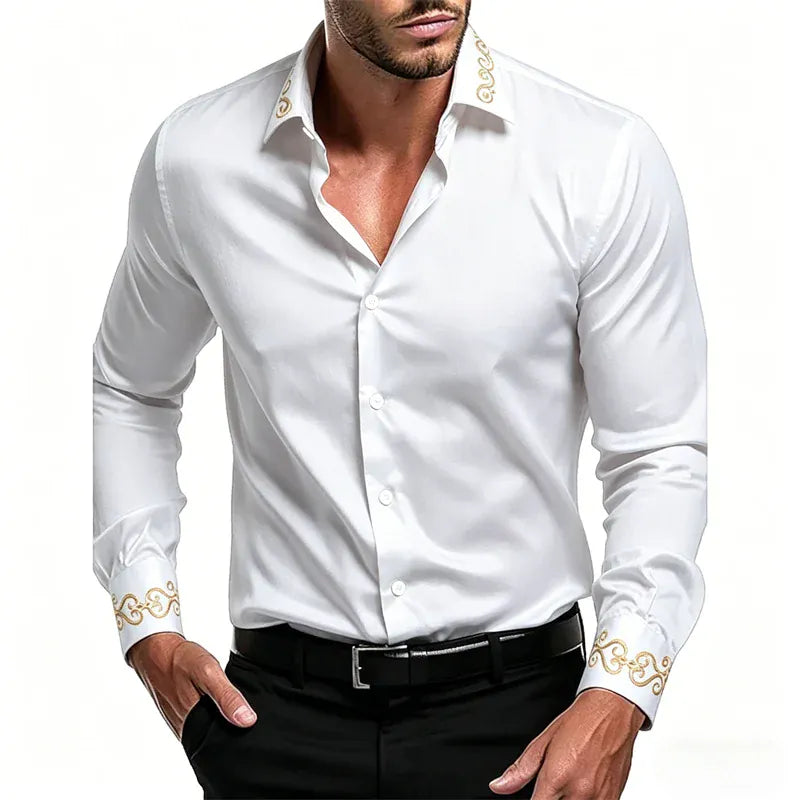KissICON Gold Patterned Black LongSleeve Business Formal Shirt