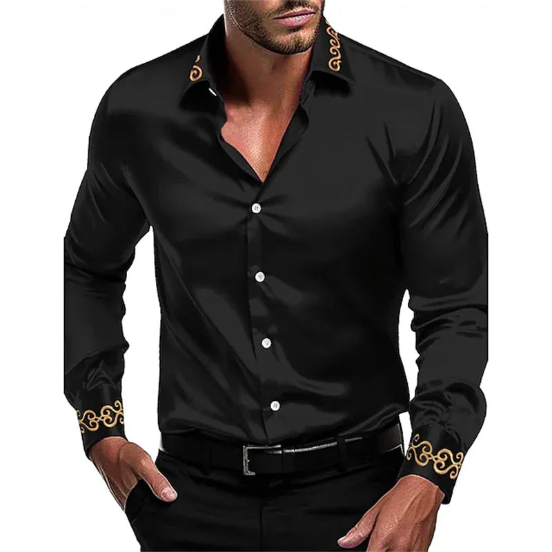 KissICON Gold Patterned Black LongSleeve Business Formal Shirt