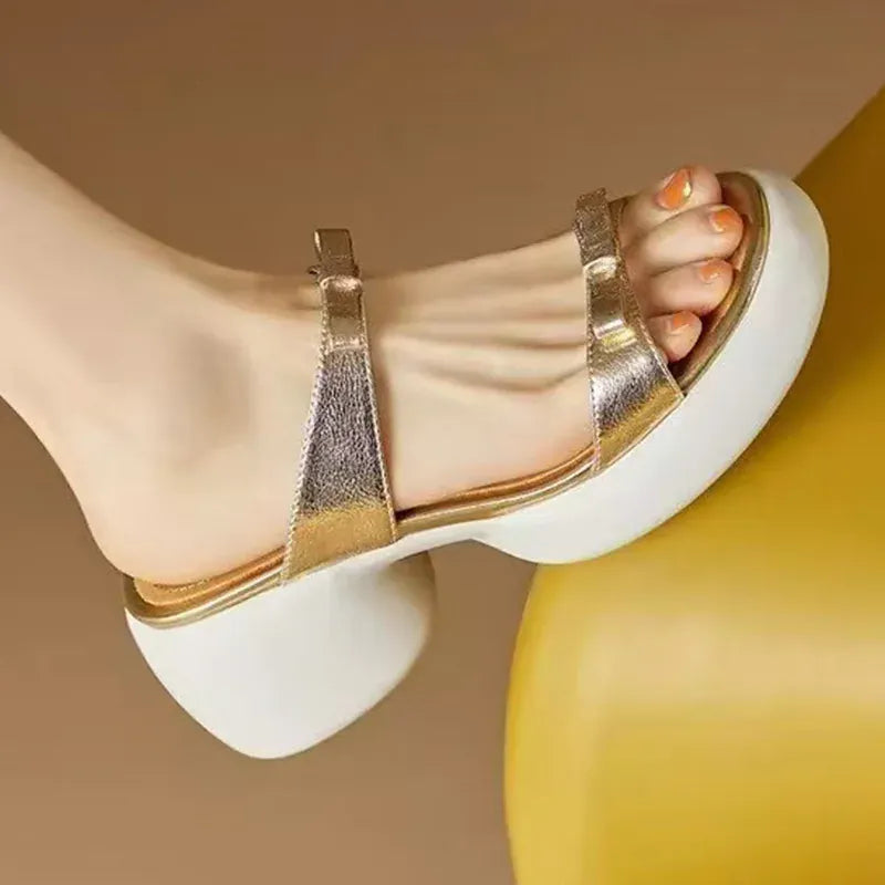 KissICON Gold Silver Bowtie Thick Heels Sandals for Women