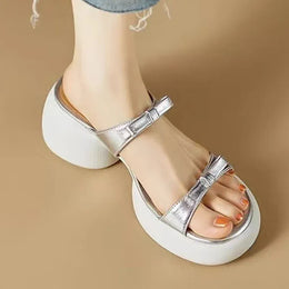 KissICON Gold Silver Bowtie Thick Heels Sandals for Women
