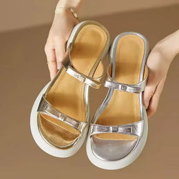 KissICON Gold Silver Bowtie Thick Heels Sandals for Women