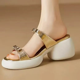 KissICON Gold Silver Bowtie Thick Heels Sandals for Women