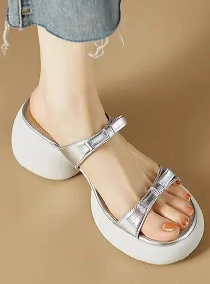 KissICON Gold Silver Bowtie Thick Heels Sandals for Women