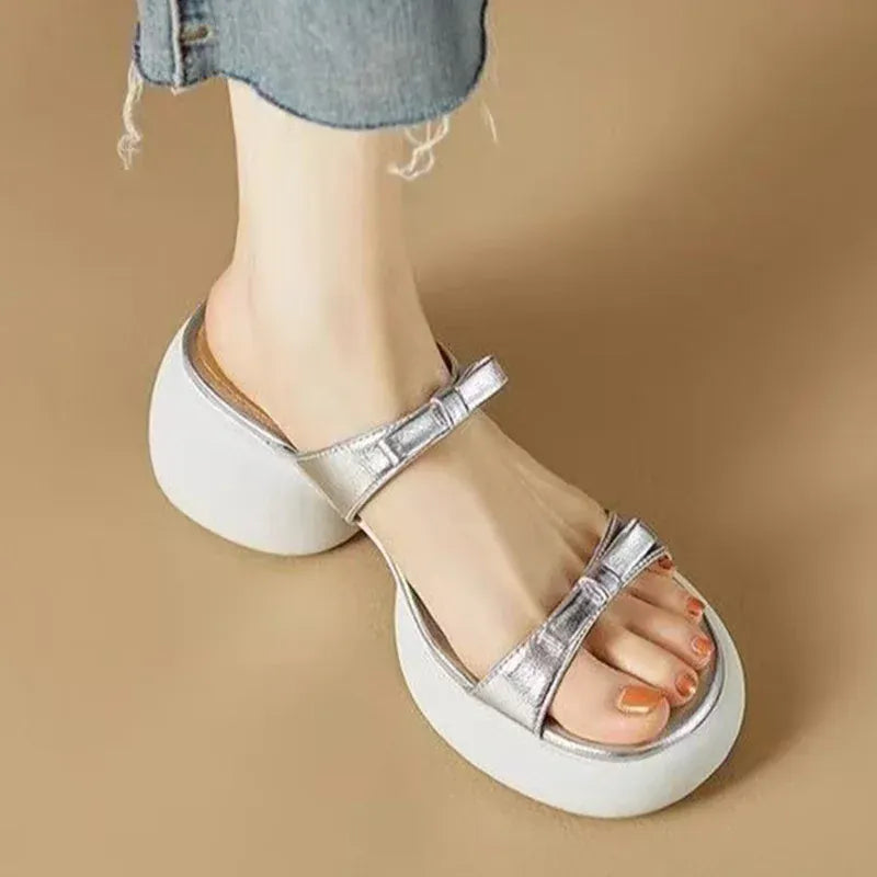 KissICON Gold Silver Bowtie Thick Heels Sandals for Women