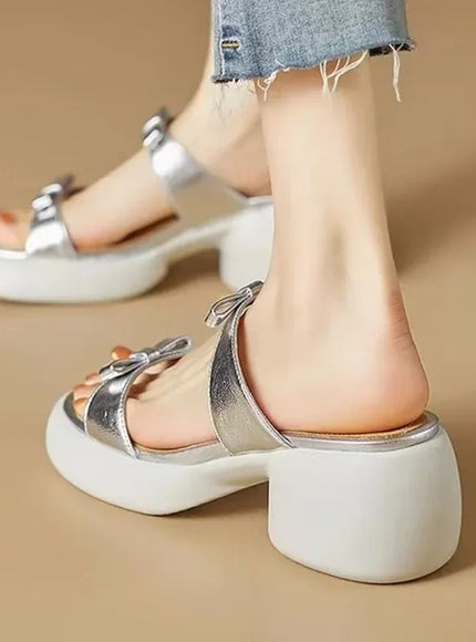 KissICON Gold Silver Bowtie Thick Heels Sandals for Women