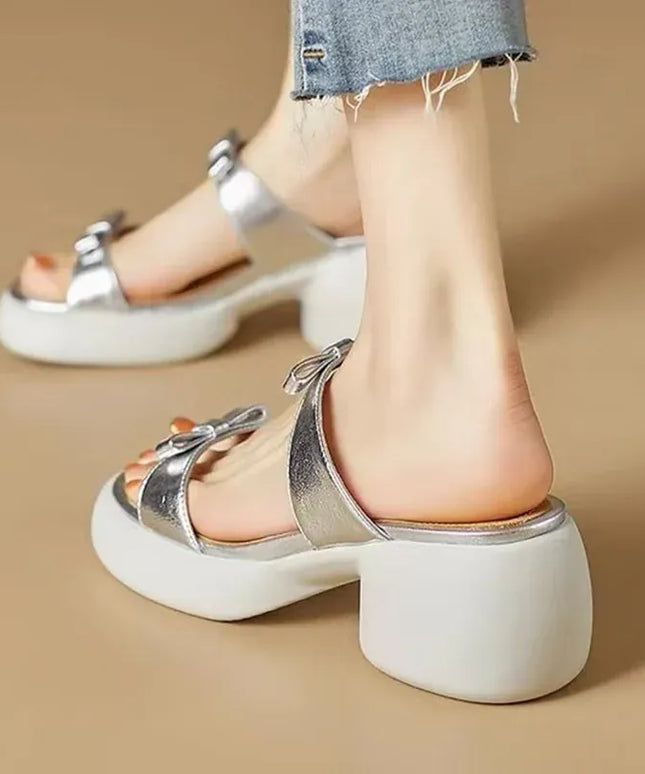 KissICON Gold Silver Bowtie Thick Heels Sandals for Women