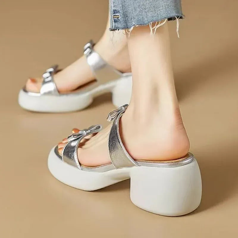 KissICON Gold Silver Bowtie Thick Heels Sandals for Women