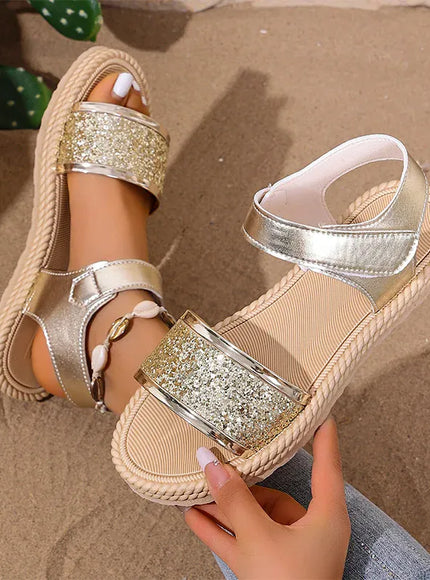 KissICON Gold Silver Pu Leather Flat Sandals for Women