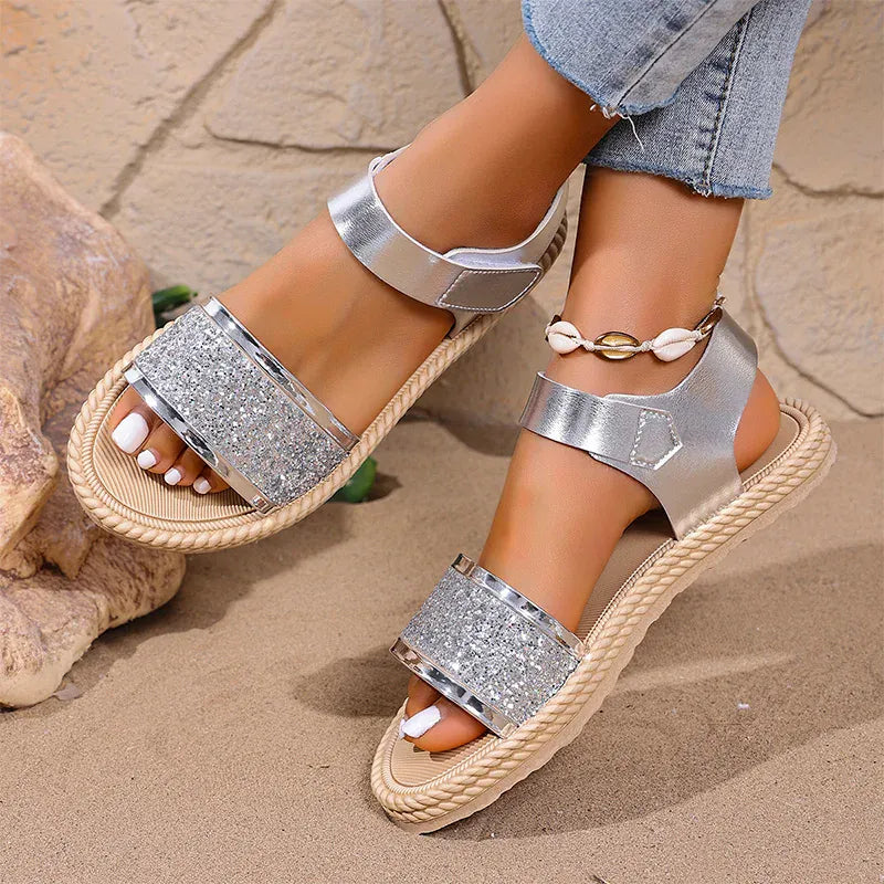 KissICON Gold Silver Pu Leather Flat Sandals for Women