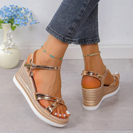 KissICON Gold Silver Pu Leather Wedges Sandals for Women