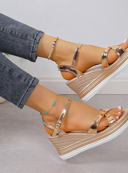 KissICON Gold Silver Pu Leather Wedges Sandals for Women