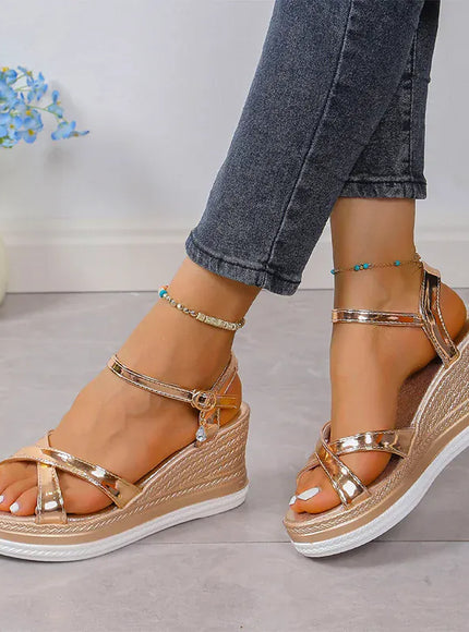 KissICON Gold Silver Pu Leather Wedges Sandals for Women