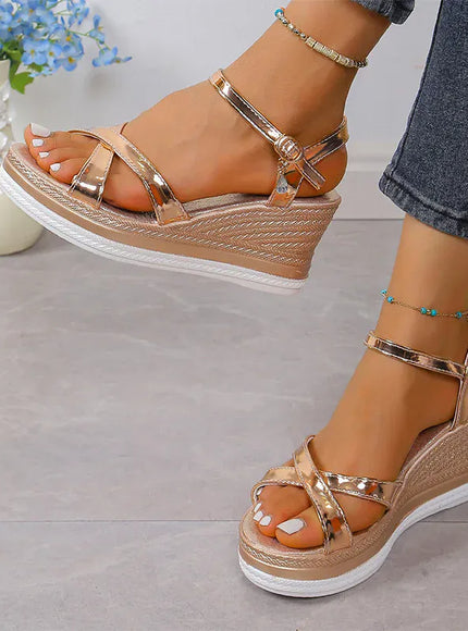 KissICON Gold Silver Pu Leather Wedges Sandals for Women