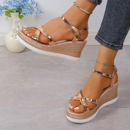 KissICON Gold Silver Pu Leather Wedges Sandals for Women