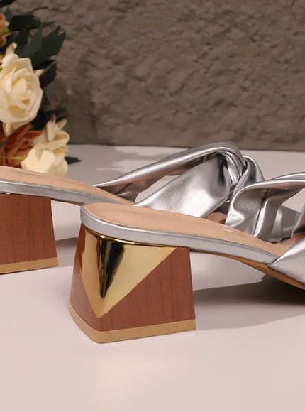 KissICON Gold Silver Thick Heels Sandals for Women Fashion