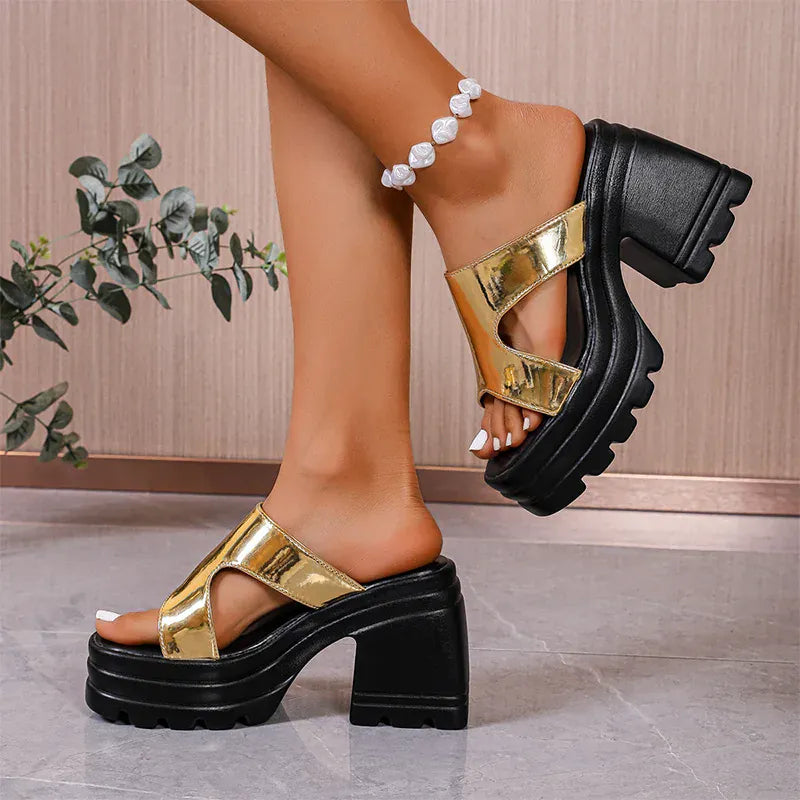 KissICON Gold Super High Heels Sandals for Women Patent