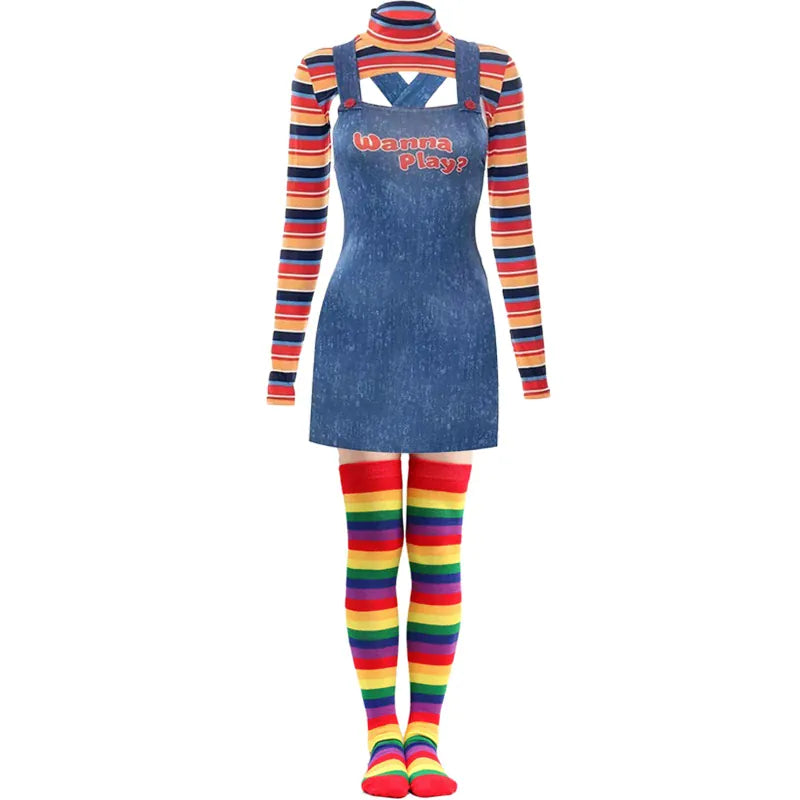 KissICON Gold / XL / halloween costume Halloween Costumes for Women Scary Nightmare Killer Doll Wanna Play Movie Character Chucky Doll Costume With Stockings