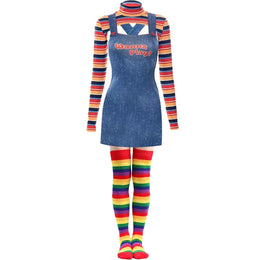 KissICON Gold / XL / halloween costume Halloween Costumes for Women Scary Nightmare Killer Doll Wanna Play Movie Character Chucky Doll Costume With Stockings