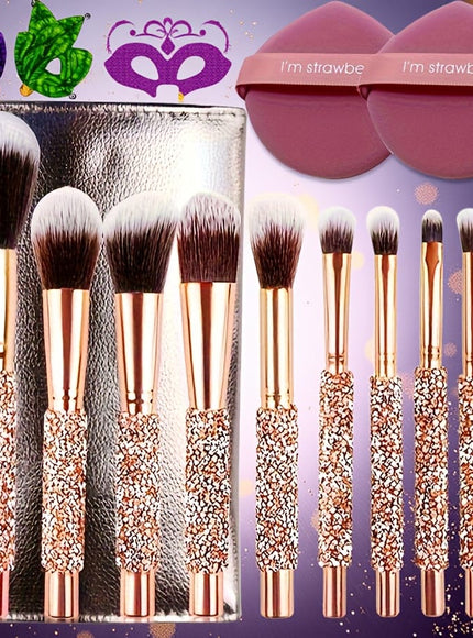 KissICON Golden 12-piece Makeup Brush Set Golden Rhinestone Makeup Brush Set – Pink Glitter