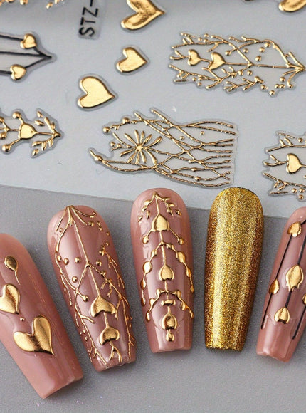 KissICON Golden(1pc) Golden Foil Heart 5D Nail Stickers - Self