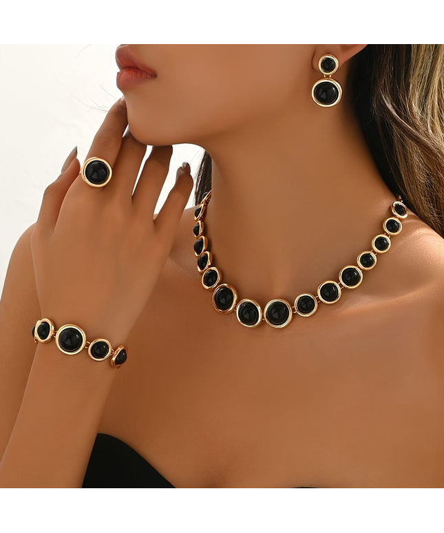 jkthpu-45 Golden And Black KissIcon Geometric Jewelry Set 4Piece Black Hemispheres