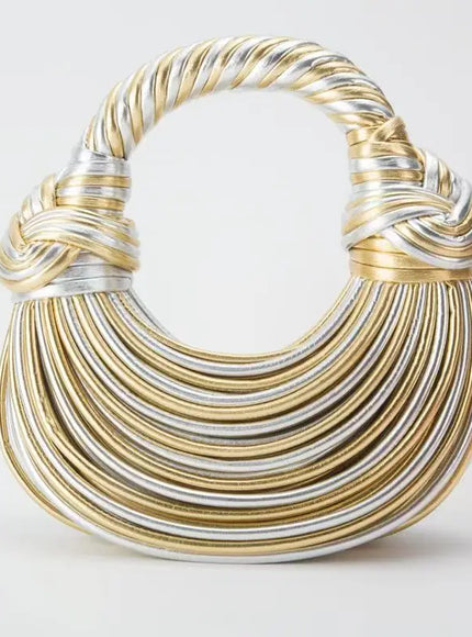 KissICON Golden And Silver / (20cm<Max Length<30cm) Handbags Gold Designer Brand Handwoven Noodle Bags