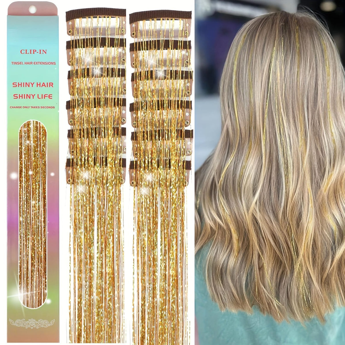 KissICON Golden color / 24inch KissIcon Clip In Hair Tinsel TwelvePcs - Sparkly