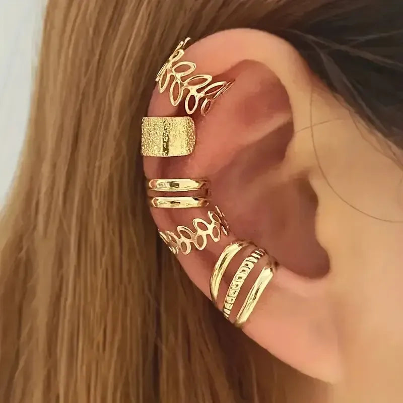 KissICON Golden Set-5pcs 5pcs/set Trendy Elegant Design Ear Cuff Classic Elegant Style Gifts Women's No Piercing Clip Silver Earrings Circle Leaf Shaped