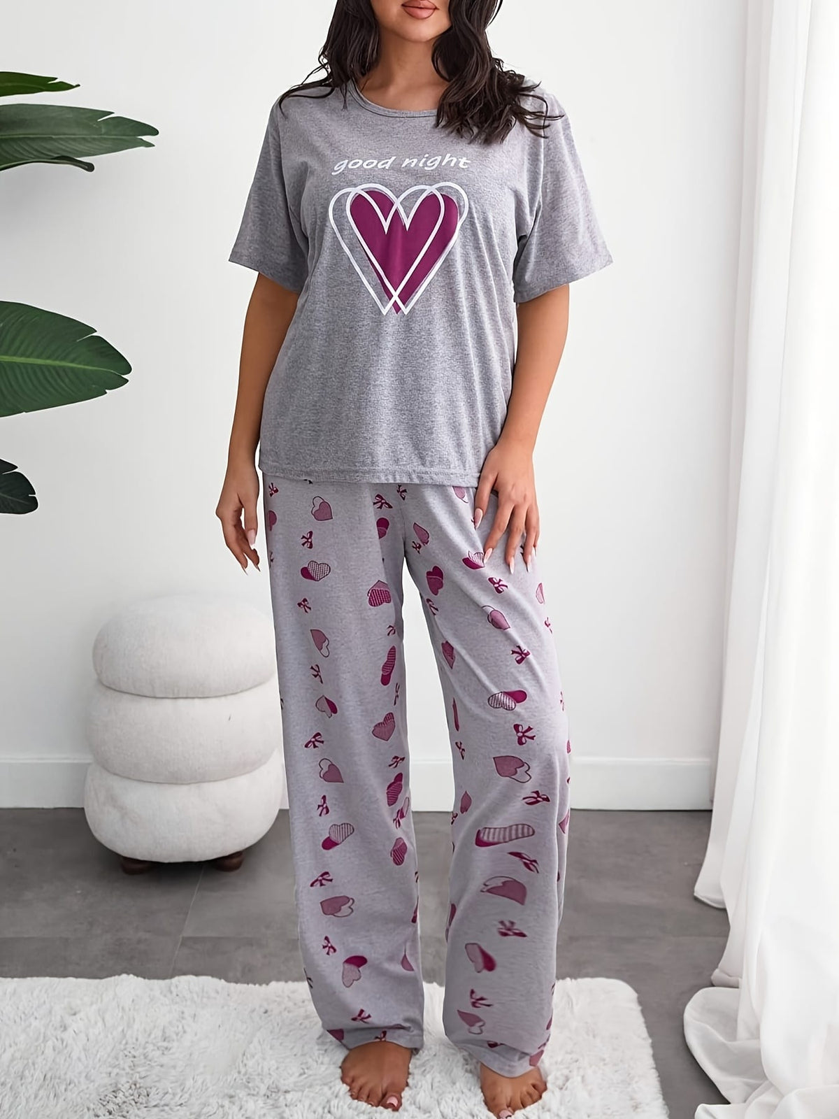 jkthpu-45 Good Night Love Heart Print Pajama Set for