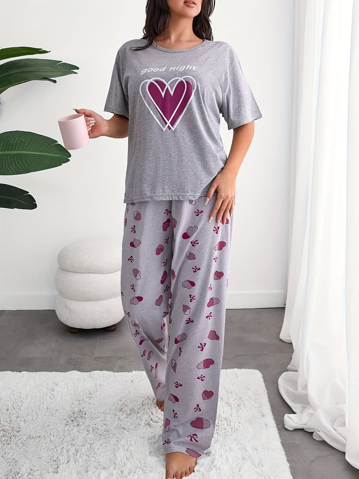 jkthpu-45 Good Night Love Heart Print Pajama Set for