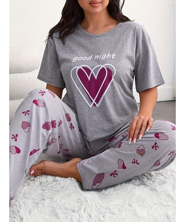 jkthpu-45 Good Night Love Heart Print Pajama Set for