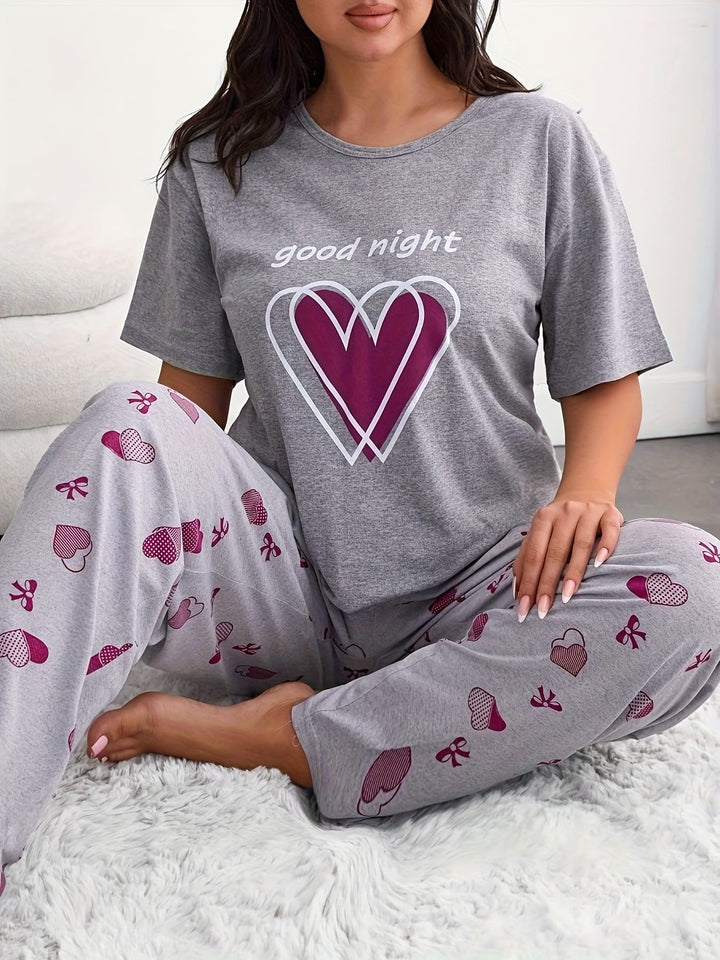 Good Night Love Heart Print Pajama Set for
